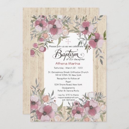 Athena Wood Baptism Invitation Kaart (Voorkant / Achterkant)