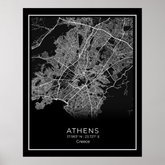 Athene City Map - Athnes Black Map Poster