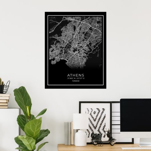 Athene City Map - Athnes Black Map Poster (Thuiskantoor)