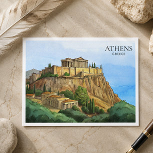 Athene Griekenland Aquarel Ansichtkaart Historis Feestdagenkaart