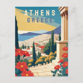Athene Griekenland Reis kunst met rode bloemen Briefkaart