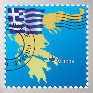 Athene Griekenland Reisstempel Griekse vlag en kaa Poster