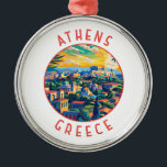 Athene Griekenland Retro Nastress Circle Metalen Ornament<br><div class="desc">Athene retro vector reisontwerp. De stad wordt nog steeds gedomineerd door monumenten uit de 5e eeuw v.Chr.,  waaronder de Akropolis,  een citadel op een heuvel met oude gebouwen zoals de gekoloniseerde Parthenon tempel.</div>