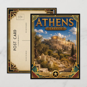 Athene Griekenland Vintage Acropolis Art Deco Goud Briefkaart