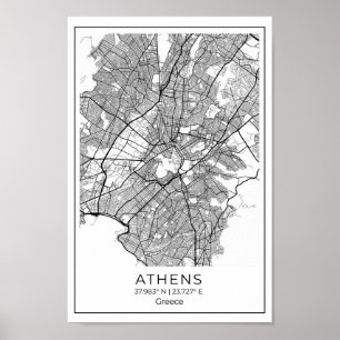 Athene Map - Athnes Black en White Map Poster