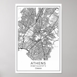 Athene Map - Athnes Black en White Map Poster