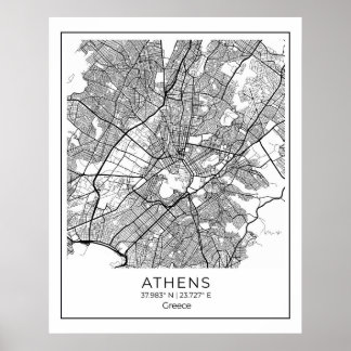 Athene Map - Athnes Black & White Map Poster