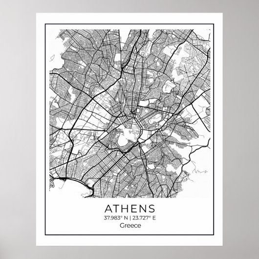 Athene Map - Athnes Black & White Map Poster (Voorkant)
