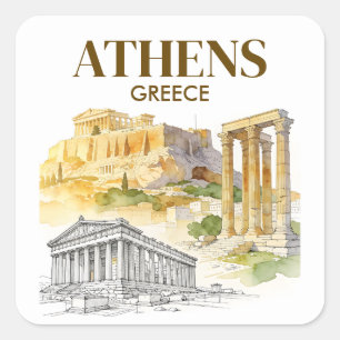 Athens Griekenland Akropolis Aquarel Schets Maatwe Vierkante Sticker