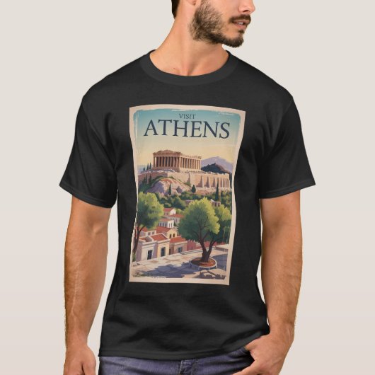 Athens Griekenland Illustratie Reizen Art Vintage T-shirt (Voorkant)