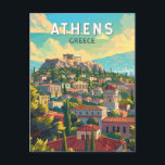 Athens Griekenland Travel Art Vintage Briefkaart<br><div class="desc">Athene retro vector reisontwerp. De stad wordt nog steeds gedomineerd door monumenten uit de 5e eeuw v.Chr.,  waaronder de Akropolis,  een citadel op een heuvel met oude gebouwen zoals de gekoloniseerde Parthenon tempel.</div>