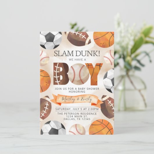 Athletic Sports Balls Boy Baby shower Invitation Kaart (Staand voorkant)