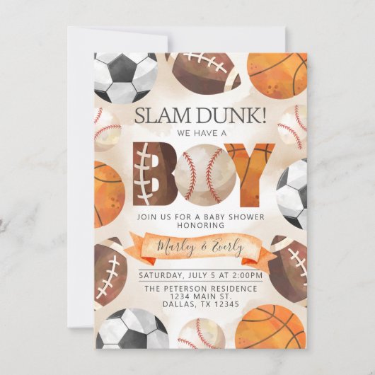 Athletic Sports Balls Boy Baby shower Invitation Kaart (Voorkant)