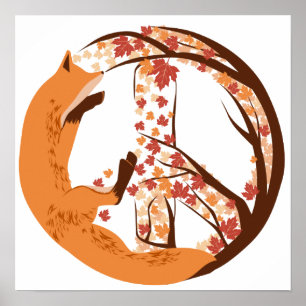 Atistic Fox Peace Sign Autumn Leaves Tree Poster