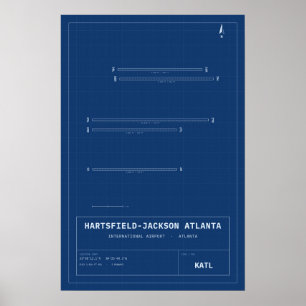 Atlanta ATL Luchthaven Blauwdruk Landingsbaan Kaar Poster