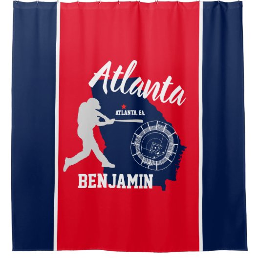 Atlanta Georgia Red en Navy Baseball Douchegordijn (Voorkant)