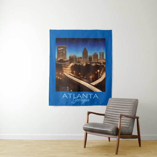Atlanta Georgia Skyline Blue en Gold Evening Wandkleed (In situ)
