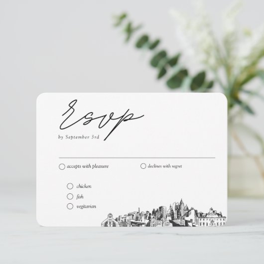 Atlanta Huwelijk Traditionele RSVP Maaltijd Opties Informatiekaartje (Staand voorkant)