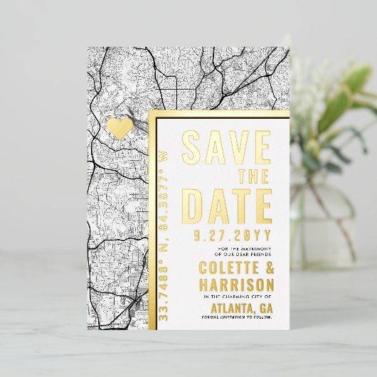 Atlanta Love Locator | Weddenschap Save the Date Folie Uitnodiging (Staand Voorkant)