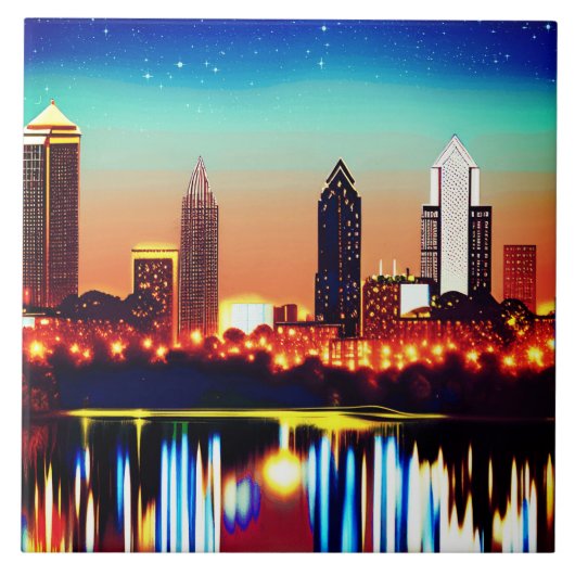Atlanta Skyline bij nacht met Reflecties Tegeltje (Voorkant)