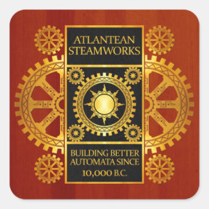 Atlantean Steamworks - Goud en leder op hout Vierkante Sticker