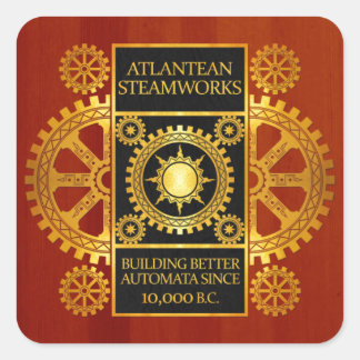 Atlantean Steamworks - Goud & Leer op Hout Vierkante Sticker