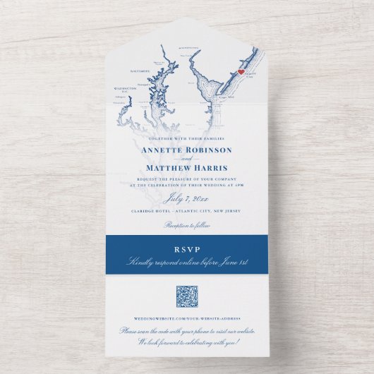 Atlantic City New Jersey Kaart Marineblauw Bruilof (Binnen)