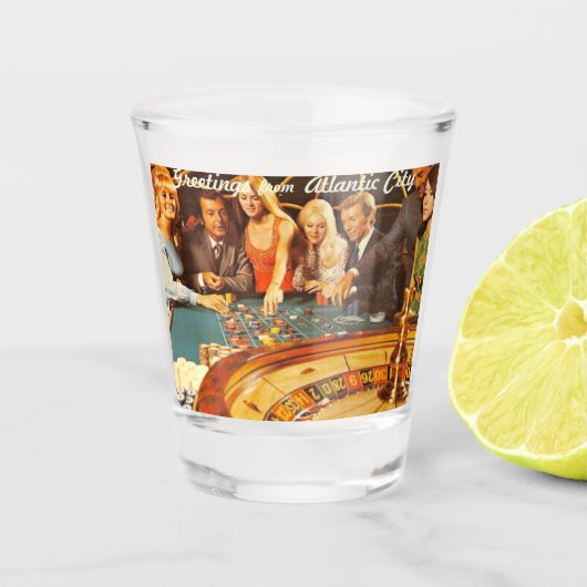 Atlantic City NJ, Gambling, Roulette, Retro Postc Shot Glas (Voorkant)