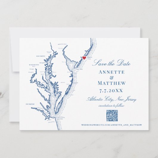 Atlantic City NJ Trouw Elegant Navy QR-code Save The Date (Voorkant)