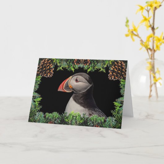 Atlantic Puffin Christmas Kaart (Gele Bloem)