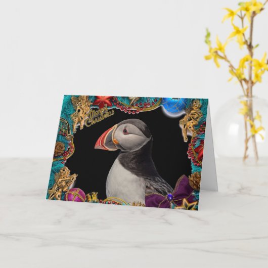 Atlantic Puffin Christmas Kaart (Gele Bloem)