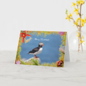 Atlantic Puffin Christmas Kaart (Gele Bloem)
