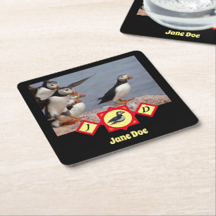 Atlantic Puffin Swimming Cartoon Monogram Foto Kartonnen Onderzetters