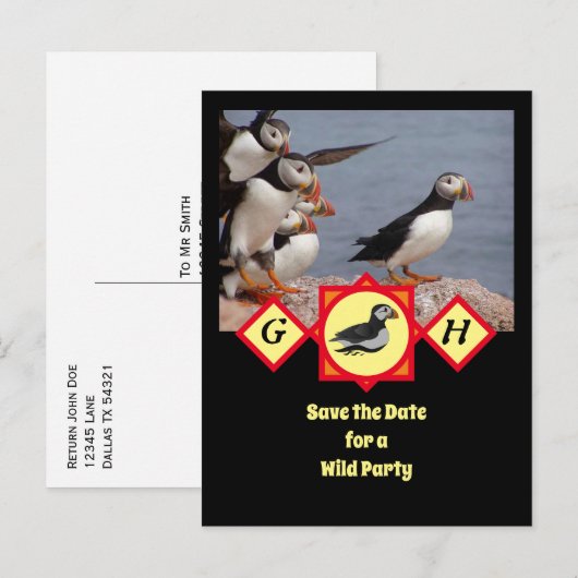 Atlantic Puffin Swimming Cartoon Monogram Foto Uitnodiging Briefkaart (Voorkant / Achterkant)