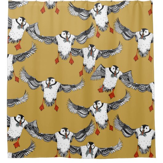Atlantic Puffins Gold Douchegordijn (Voorkant)