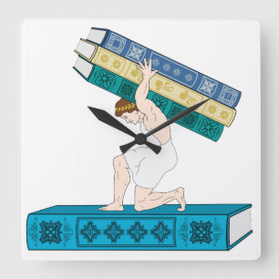 Atlas Holding Stack of Books Vierkante Klok
