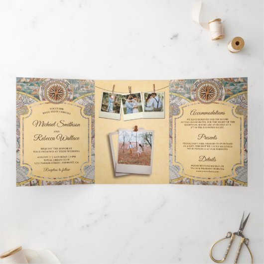 Atlas Wereldkaart Reizen Avontuur Bruiloft Drieluik Uitnodiging (Binnen)