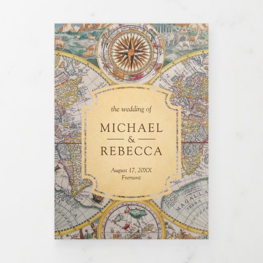 Atlas Wereldkaart Reizen Avontuur Bruiloft Drieluik Uitnodiging (Cover)