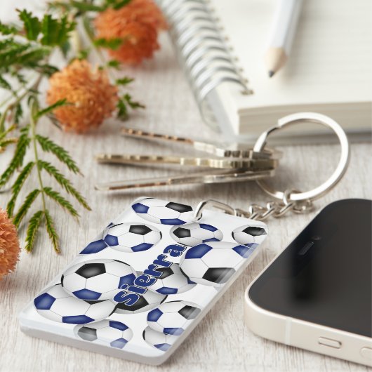 Atleet naam cluster van blauw zwarte voetballen sleutelhanger (Voorkant Rechts)