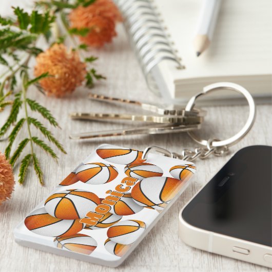 Atleet naam cluster van oranje witte basketballen sleutelhanger (Voorkant Rechts)
