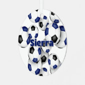Atleet naam op blauw zwarte voetballen keepsake metalen ornament (Voorkant links)