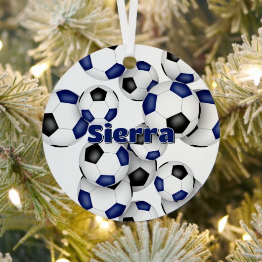 Atleet naam op blauw zwarte voetballen keepsake metalen ornament (Insitu)