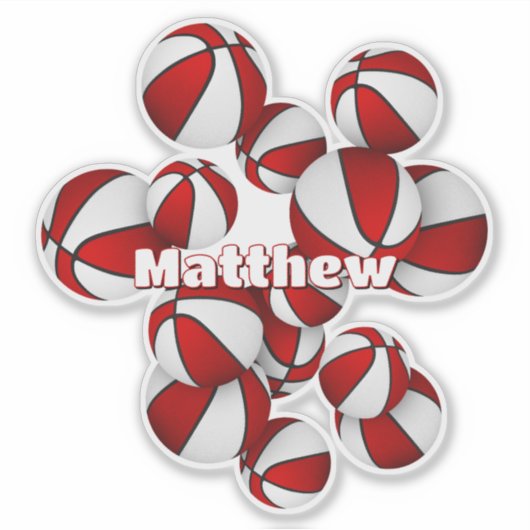 Atleet naam op cluster van rode witte basketballen sticker (Voorkant)