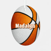 Atleet naam op oranje witte basketbal metalen ornament (Voorkant links)