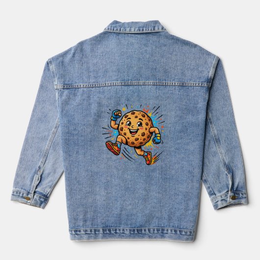 Atletische chocoladekoek hardloopcartoon mascotte denim jacket (Achterkant)