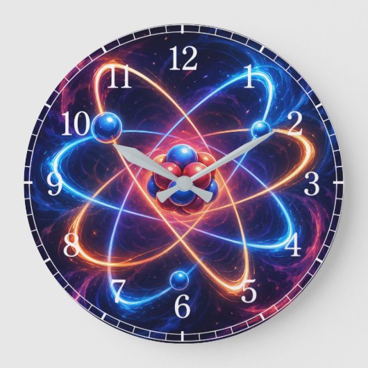 Atom Wall Clock — Science-Inspired Design Grote Klok (Voorkant)