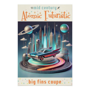 Atomaire Futuristische Grote Vinnen Coupe Auto Perfect Poster
