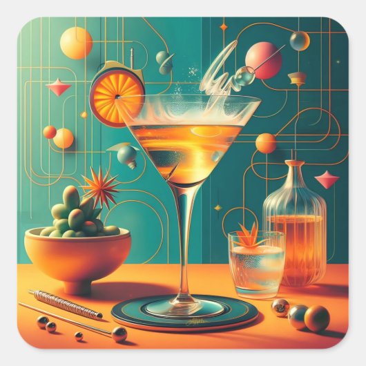Atomaire Futuristische Kosmische Storm Martini Vierkante Sticker (Voorkant)