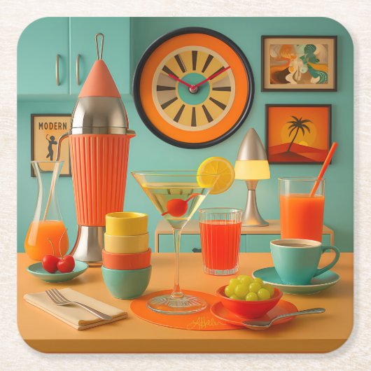 Atomaire Retro Futuristische Martini Ontbijtbar Kartonnen Onderzetters (Voorkant)