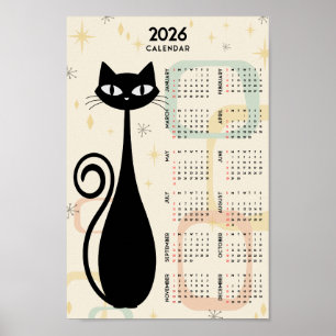 Atomaire Retro Zwarte Kat Mid Century 2026 Agenda Poster
